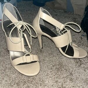 Michael Antonio Heels Lace Up Open Toe Beige Stiletto Ankle Strap Sexy‎ Shoes